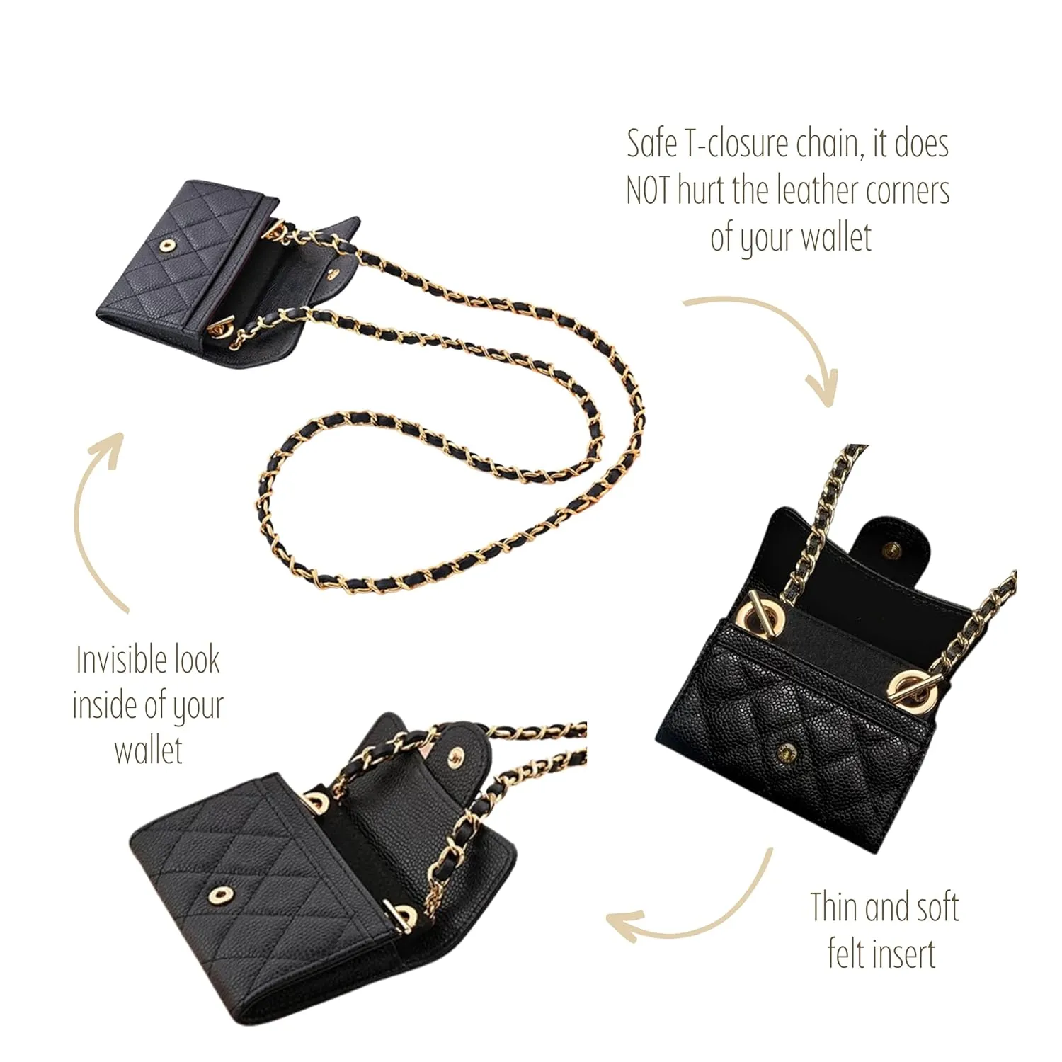 Card Holder Conversion Kit for Small Flap Wallet Insert & Chain Strap, Classic Small Wallet on Chain, Credit Card Holder Insert Crossbody Converter Kit (120cm Old Silver Metal Chain, Black)