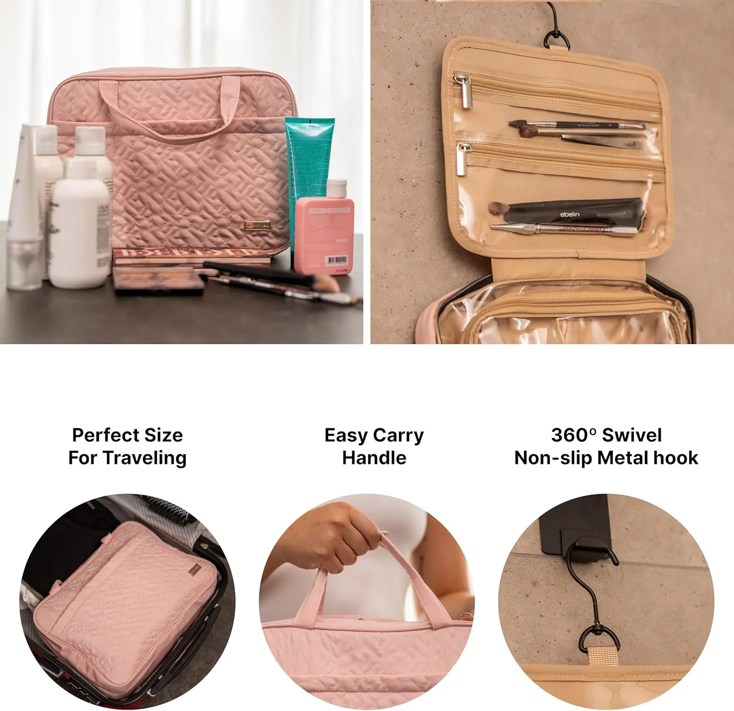 Carrywell |Not Made In China| Hanging Toiletry Bag For Women, Cosmetic and Toiletries Bags, Travel Make Up Organizer, Water-Resistant Case For Cosmetics, Makeup and Brushes (Pink, Medium)