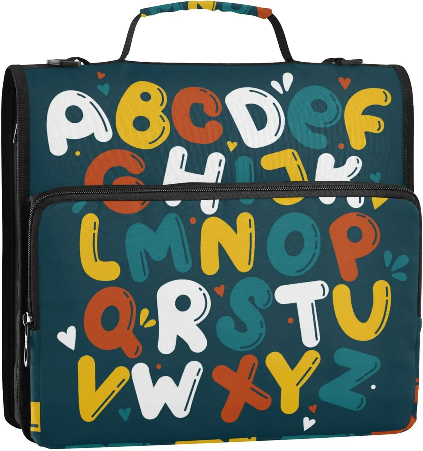 Cartoon Alphabet Zipper Binder, 1.5 inch 3 Ring Binder Organizer Bag with Shoulder Strap and Handle, Multi-Pockets, 500 Sheet Capacity
