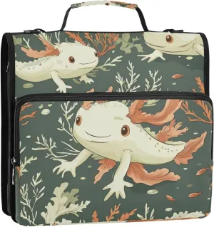 Cartoon Axolotl and Seaweed Green Zipper Binder, 1.5 inch 3 Ring Binder Organizer Bag with Shoulder Strap and Handle, 500 Sheet Capacity