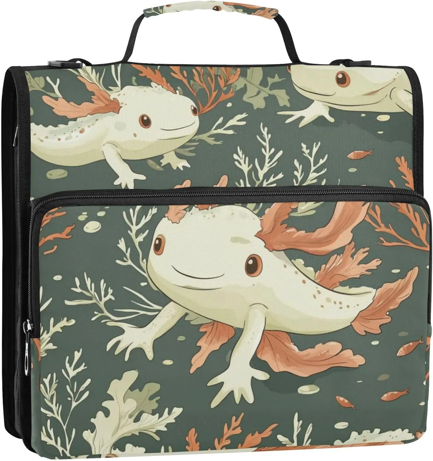 Cartoon Axolotl and Seaweed Green Zipper Binder, 1.5 inch 3 Ring Binder Organizer Bag with Shoulder Strap and Handle, 500 Sheet Capacity