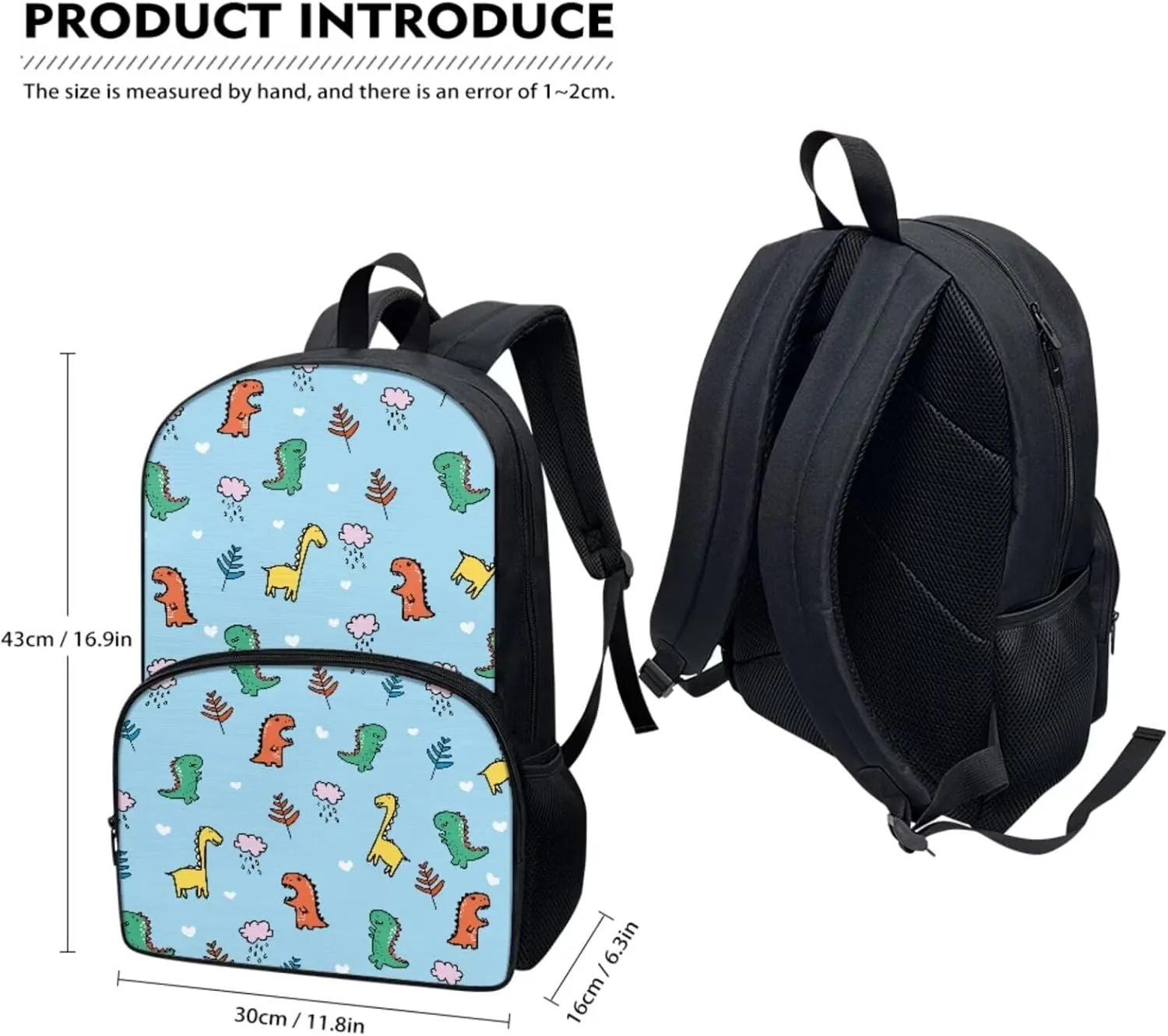 Cartoon Dinosaur 17 Inch Kids Backpack with Lunch Bag Large Capacity Pencil Case for Toddler School Kids Kindergarten Elementary Sturdy Bookbag Sets for School
