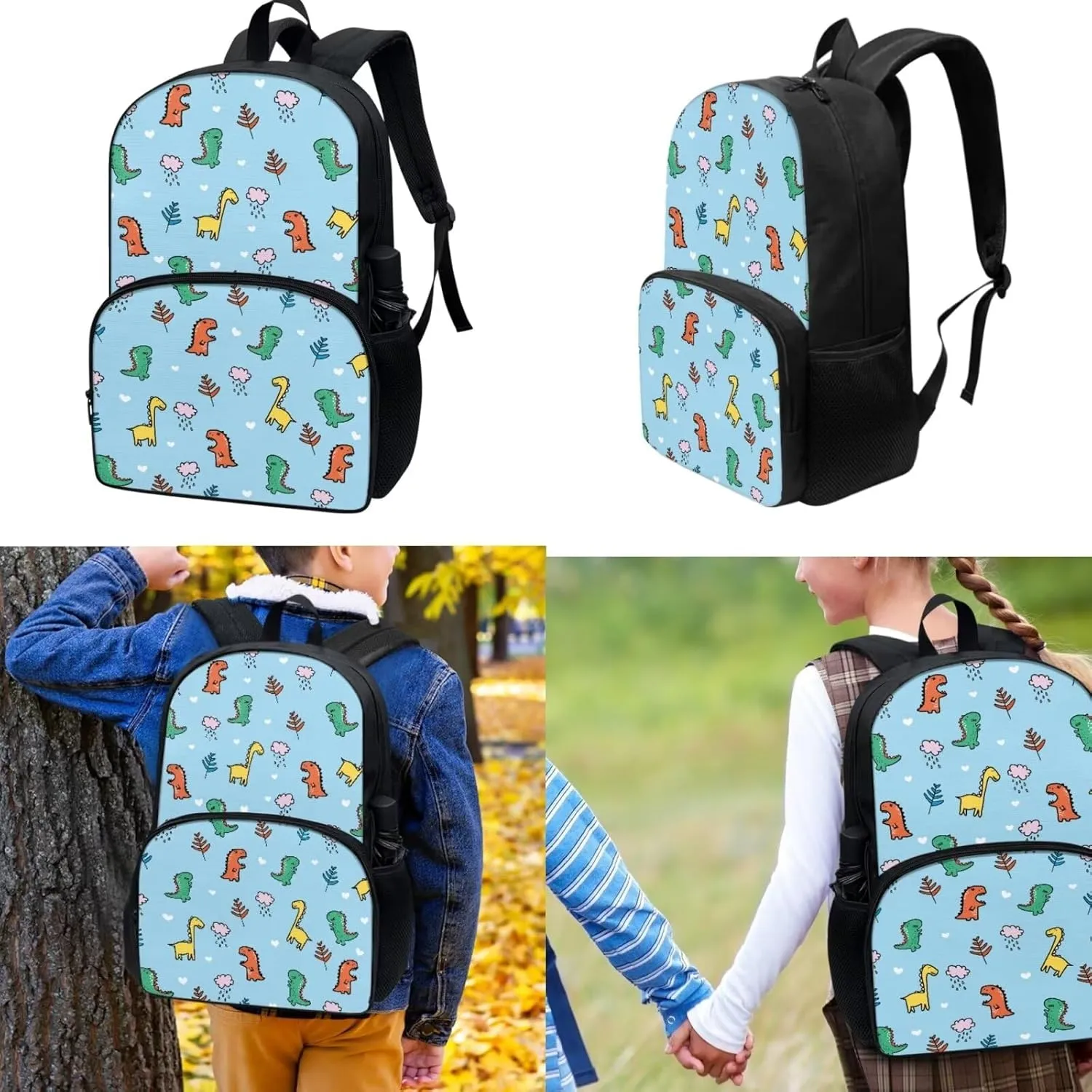 Cartoon Dinosaur 17 Inch Kids Backpack with Lunch Bag Large Capacity Pencil Case for Toddler School Kids Kindergarten Elementary Sturdy Bookbag Sets for School
