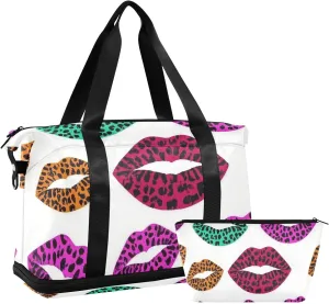 Cartoon Leopard Print Lip Gym Sports Duffel Bags Gym Sports Carry with Toiletry Bag for Gym Foldable