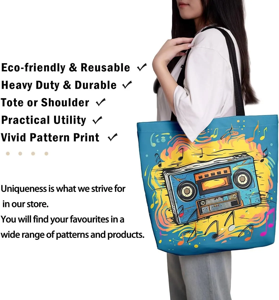 Cartoon Style Handbag Audio Cassette Video Canvas Tote Cute Rabbits Canvas Tote Bag