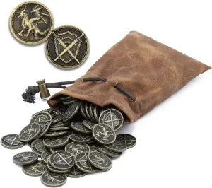 CASEMATIX Metal Coins and Pouch for Tabletop RPG Board Games - 100 DND Coins Fantasy Coins with Dragons & Sword and Shield Engraving, Metal Tokens for Board Games with PU Leather Bag
