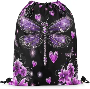 Castle Fairy Dragonfly Drawstring Backpack,Purple Flowers Romantic Waterproof Drawstring Bags,Jewelry Glitter Print(No Diamond) Bags for Shopping Travelling,Lightweight