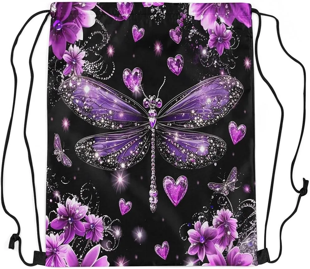 Castle Fairy Dragonfly Drawstring Backpack,Purple Flowers Romantic Waterproof Drawstring Bags,Jewelry Glitter Print(No Diamond) Bags for Shopping Travelling,Lightweight