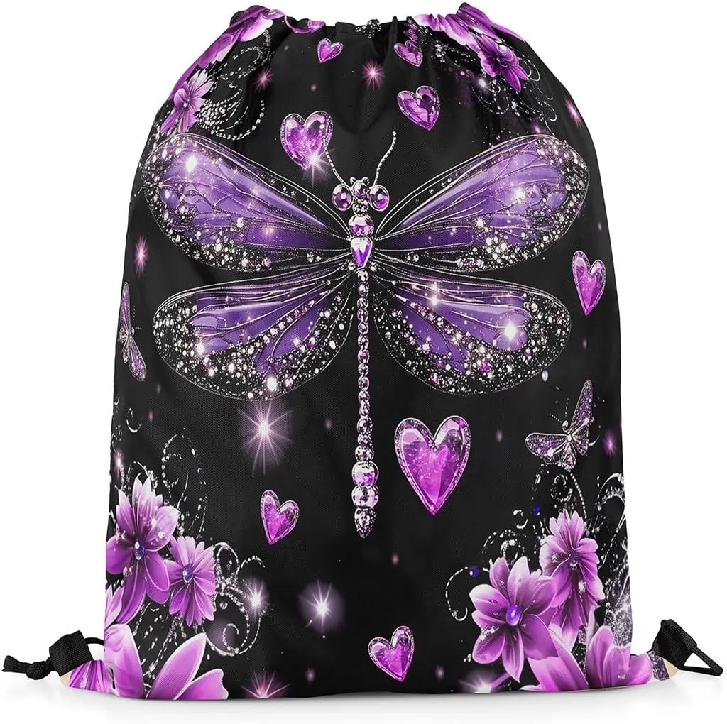 Castle Fairy Dragonfly Drawstring Backpack,Purple Flowers Romantic Waterproof Drawstring Bags,Jewelry Glitter Print(No Diamond) Bags for Shopping Travelling,Lightweight