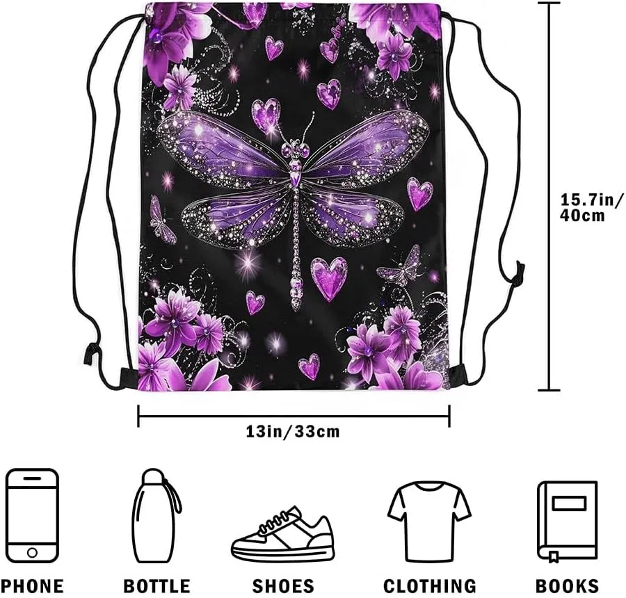 Castle Fairy Dragonfly Drawstring Backpack,Purple Flowers Romantic Waterproof Drawstring Bags,Jewelry Glitter Print(No Diamond) Bags for Shopping Travelling,Lightweight