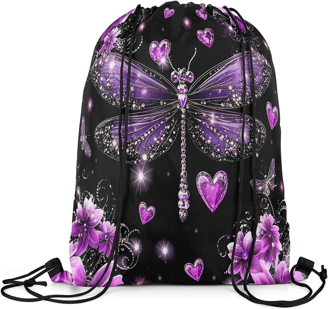 Castle Fairy Dragonfly Drawstring Backpack,Purple Flowers Romantic Waterproof Drawstring Bags,Jewelry Glitter Print(No Diamond) Bags for Shopping Travelling,Lightweight