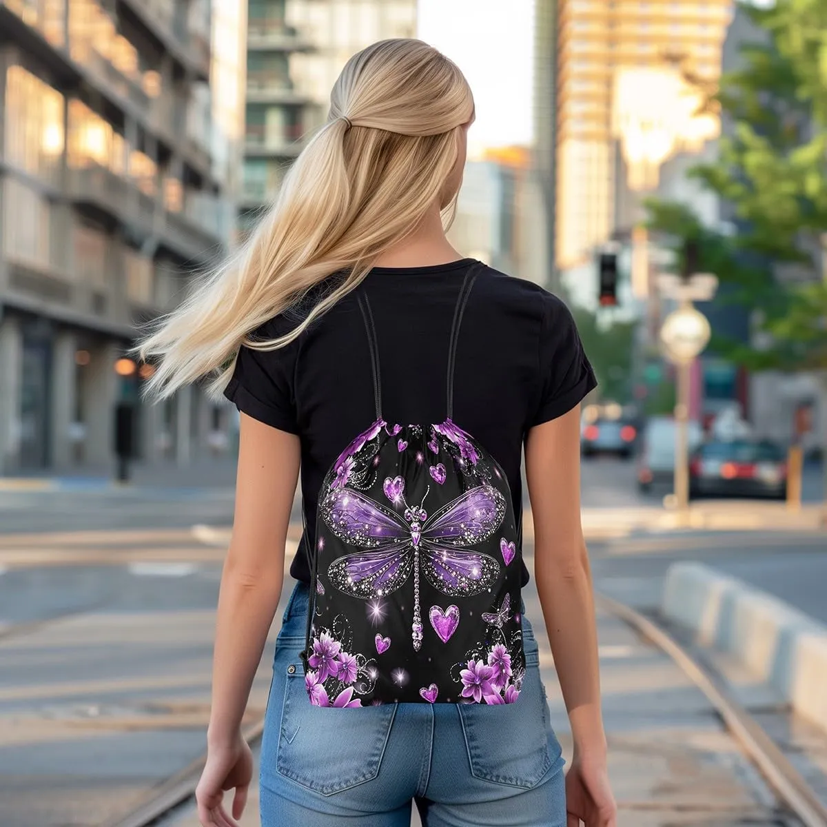 Castle Fairy Dragonfly Drawstring Backpack,Purple Flowers Romantic Waterproof Drawstring Bags,Jewelry Glitter Print(No Diamond) Bags for Shopping Travelling,Lightweight