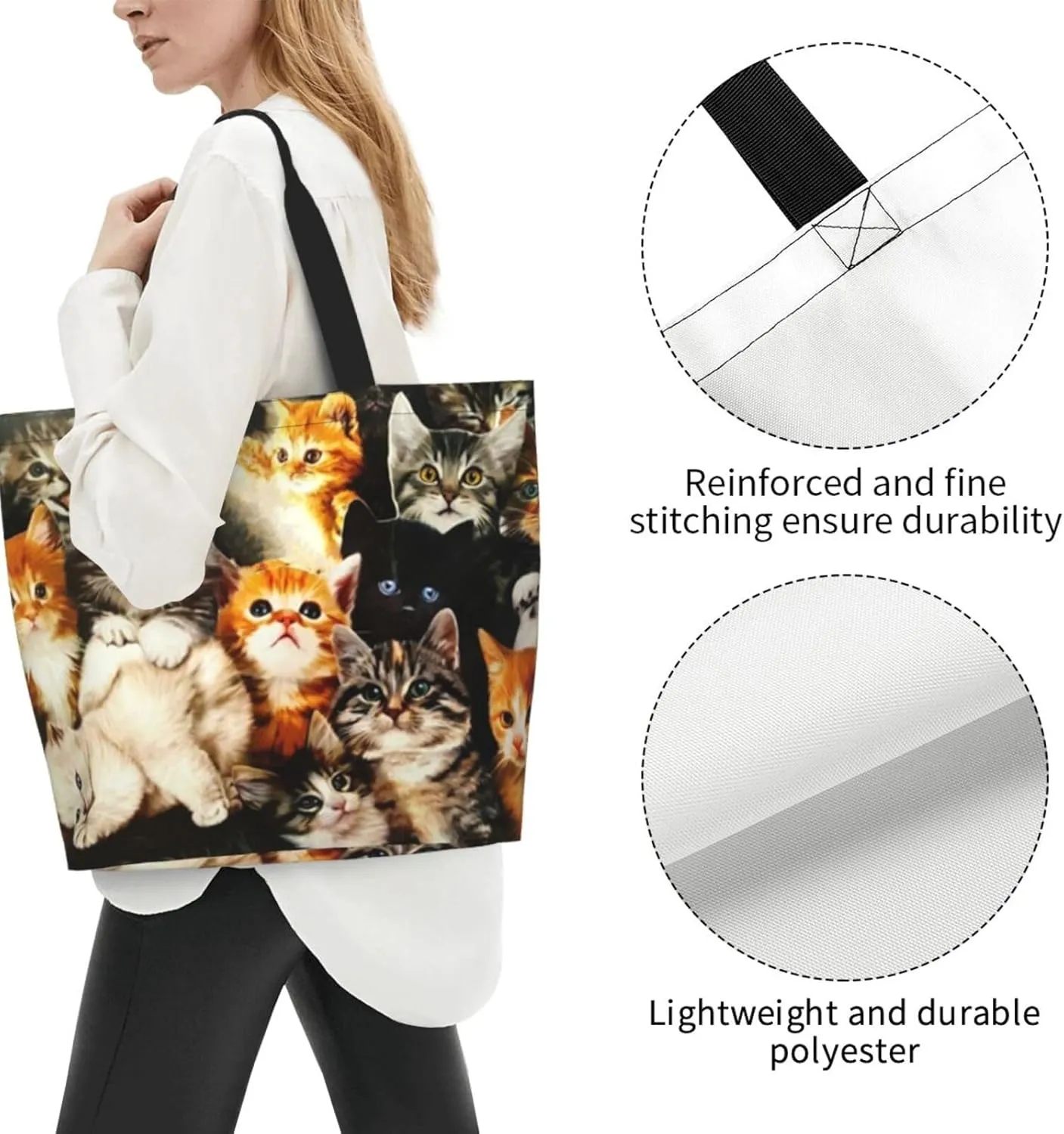Cat Canvas Tote Bag Cute Cat Shoulder Bag Handbag Cute Animal Casual Cat Grocery Bags Cute Bag for Outdoors