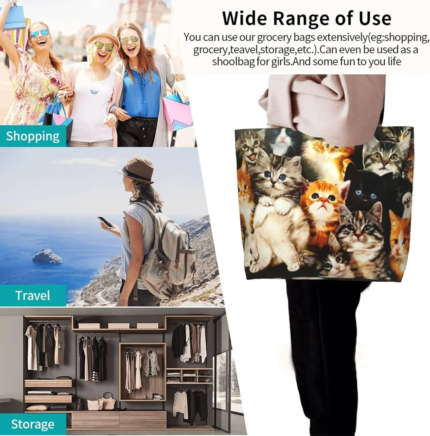 Cat Canvas Tote Bag Cute Cat Shoulder Bag Handbag Cute Animal Casual Cat Grocery Bags Cute Bag for Outdoors