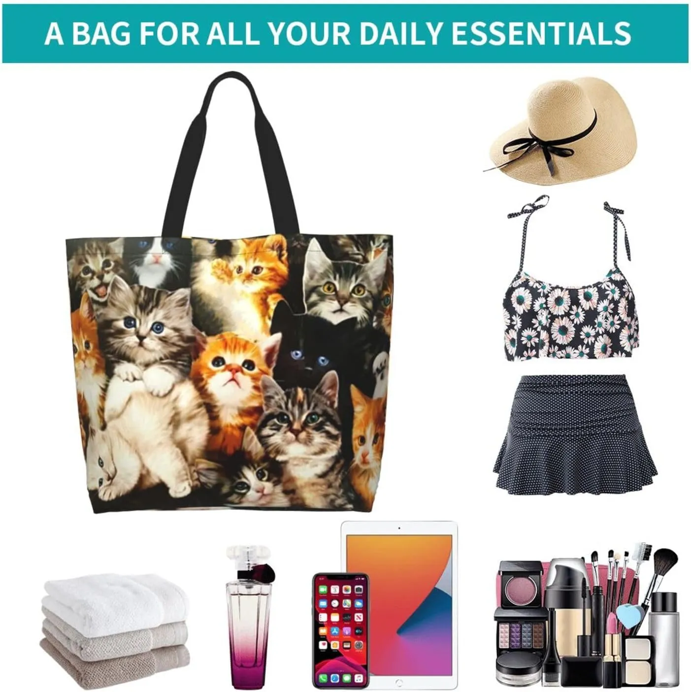 Cat Canvas Tote Bag Cute Cat Shoulder Bag Handbag Cute Animal Casual Cat Grocery Bags Cute Bag for Outdoors