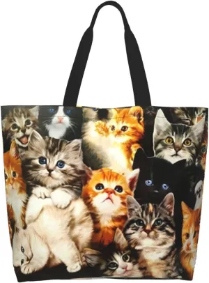 Cat Canvas Tote Bag Cute Cat Shoulder Bag Handbag Cute Animal Casual Cat Grocery Bags Cute Bag for Outdoors