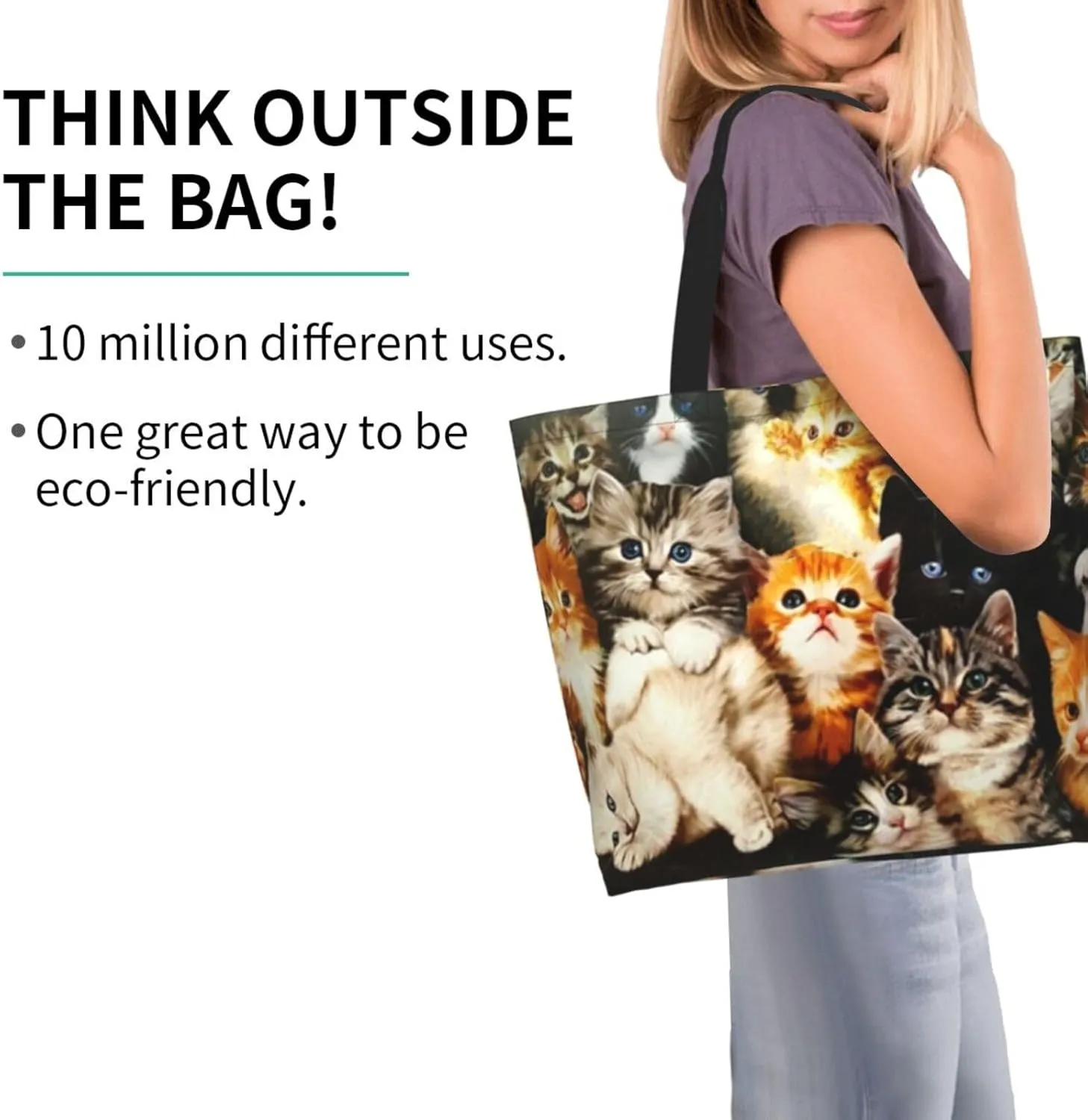 Cat Canvas Tote Bag Cute Cat Shoulder Bag Handbag Cute Animal Casual Cat Grocery Bags Cute Bag for Outdoors