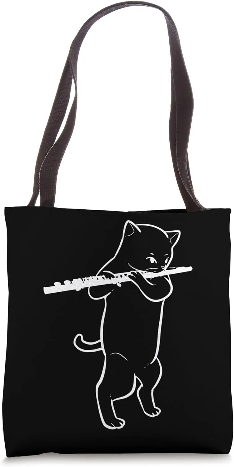 Cat Playing Flute Instrumentalist Tote Bag