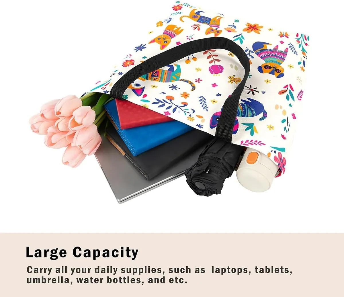 Cat Tote Bag,Cartoon Cat Flowers Canvas Tote Bag