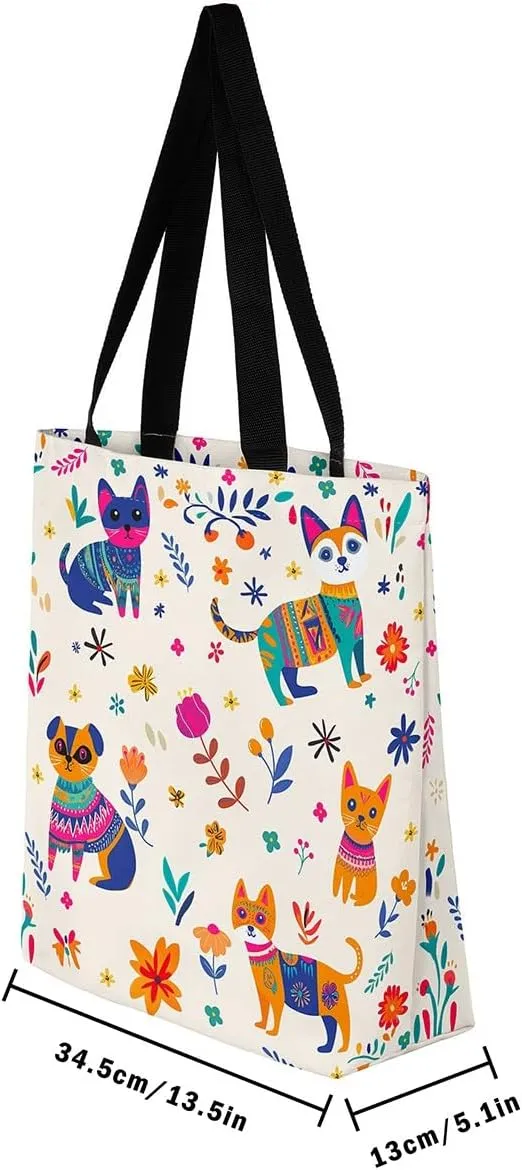 Cat Tote Bag,Cartoon Cat Flowers Canvas Tote Bag
