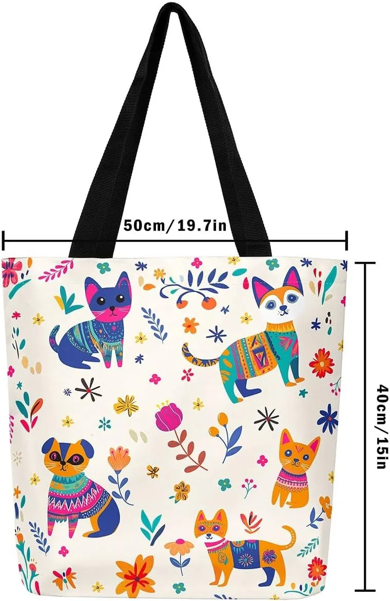 Cat Tote Bag,Cartoon Cat Flowers Canvas Tote Bag