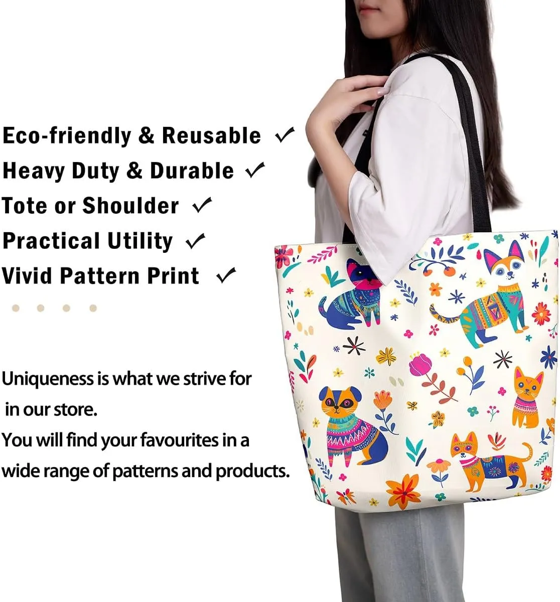 Cat Tote Bag,Cartoon Cat Flowers Canvas Tote Bag