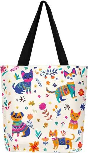 Cat Tote Bag,Cartoon Cat Flowers Canvas Tote Bag