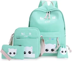 Cat Young Ladies Backpack Set Cat Print Bag Cute Bag 4 Pieces Set Black One Size