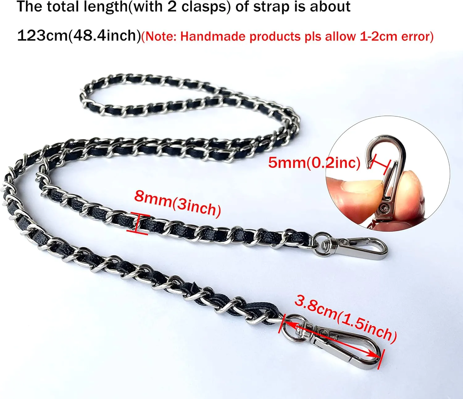 Caviar leather Purse Chain Strap Slim Wide 8mm Length 48.4inch Replacement crossbody chain strap for small handbag
