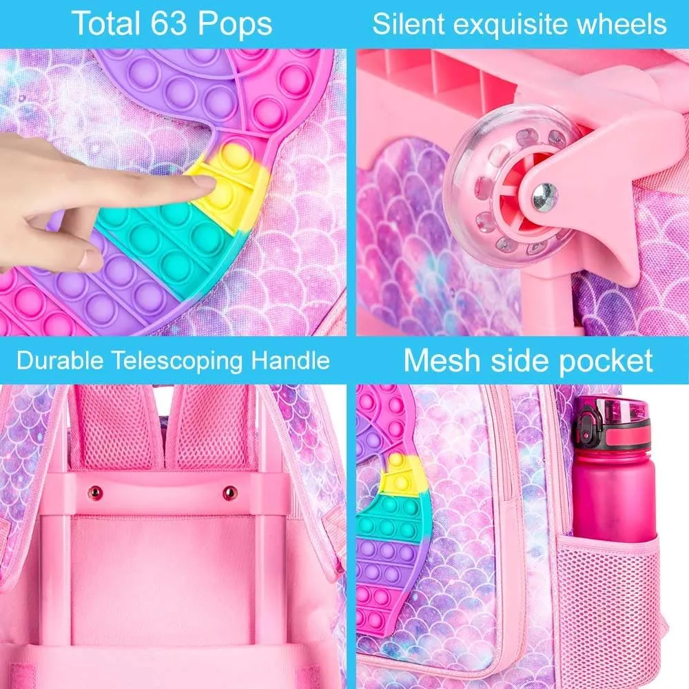 CCJPX 3PCS Kids Rolling Backpack for Girls, Mermaid Roller Wheeled Bookbag Toddler Elementary School Bag with Wheels - Pink