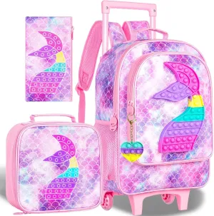 CCJPX 3PCS Kids Rolling Backpack for Girls, Mermaid Roller Wheeled Bookbag Toddler Elementary School Bag with Wheels - Pink