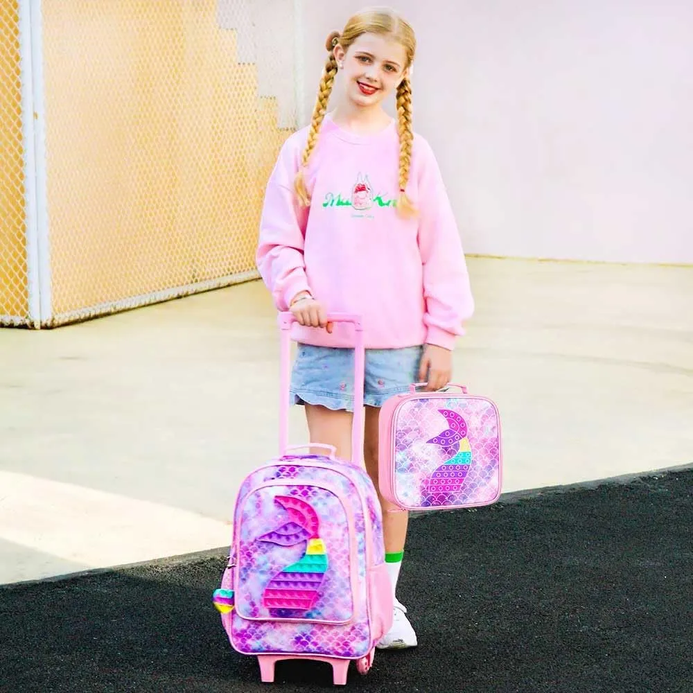 CCJPX 3PCS Kids Rolling Backpack for Girls, Mermaid Roller Wheeled Bookbag Toddler Elementary School Bag with Wheels - Pink
