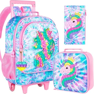 CCJPX 4PCS Rolling Backpack for Girls,Kids Unicorn Backpacks with Roller Wheels, Wheeled Bookbag with Lunch Box for Toddler Elementary School