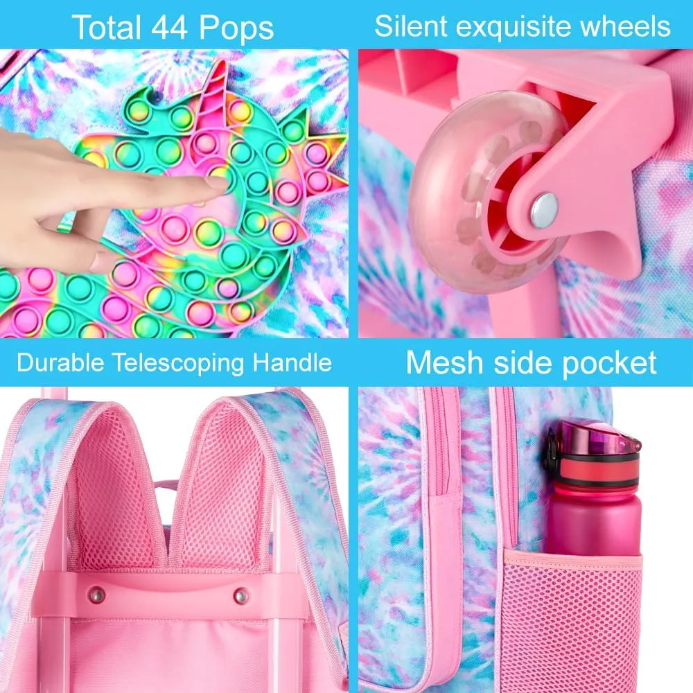 CCJPX 4PCS Rolling Backpack for Girls,Kids Unicorn Backpacks with Roller Wheels, Wheeled Bookbag with Lunch Box for Toddler Elementary School