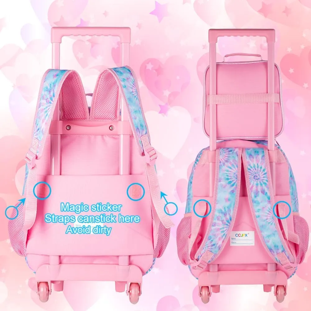 CCJPX 4PCS Rolling Backpack for Girls,Kids Unicorn Backpacks with Roller Wheels, Wheeled Bookbag with Lunch Box for Toddler Elementary School