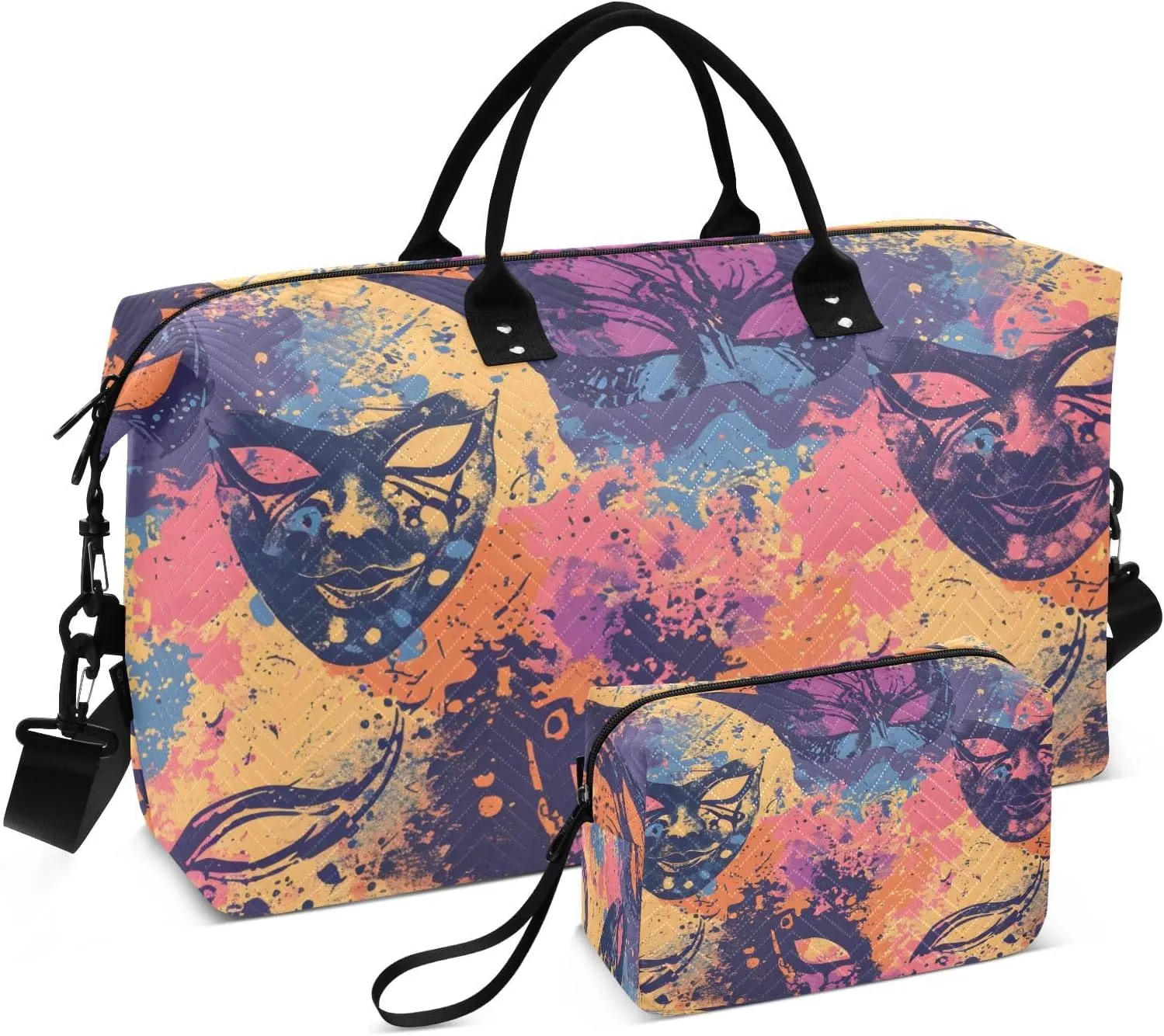 CEBUGI Carnival Masks and Beads Quilted Duffle Bag for Women Large Carry On Travel Weekend Bag Hospital Bags for Labor and Delivery