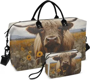 CEBUGI Highland Cow with Sunflowers Quilted Duffle Bag for Women Large Carry On Travel Weekend Bag Hospital Bags for Labor and Delivery