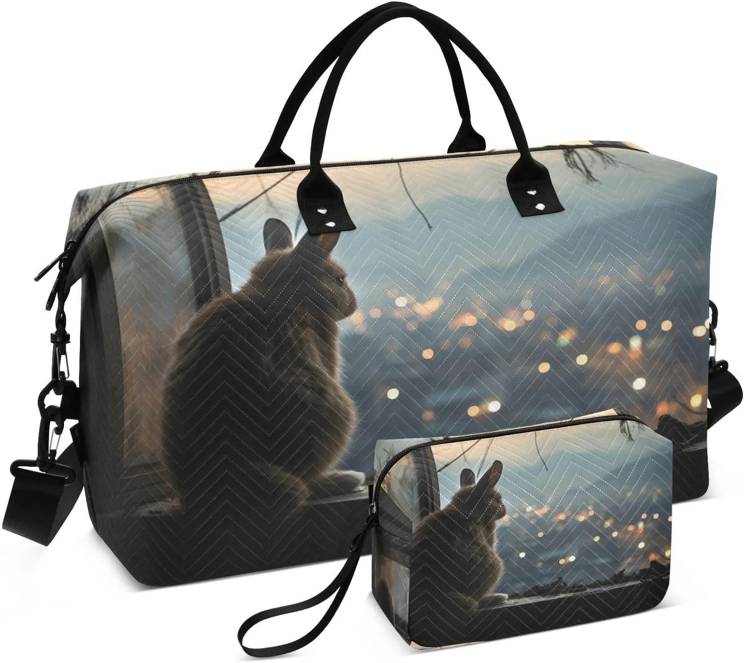 CEBUGI Rabbit Watching Night Scene Quilted Duffle Bag for Women Large Carry On Travel Weekend Bag Hospital Bags for Labor and Delivery