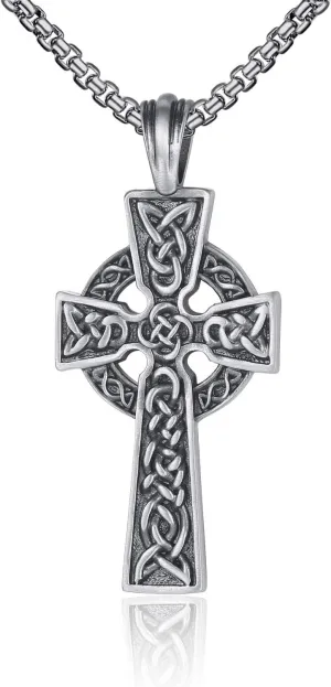 Celtic Cross Necklace for Men Viking Irish Knot Serenity Prayer Pendant Crucifix Mens Jewelry with Stainless Steel Curb Chain