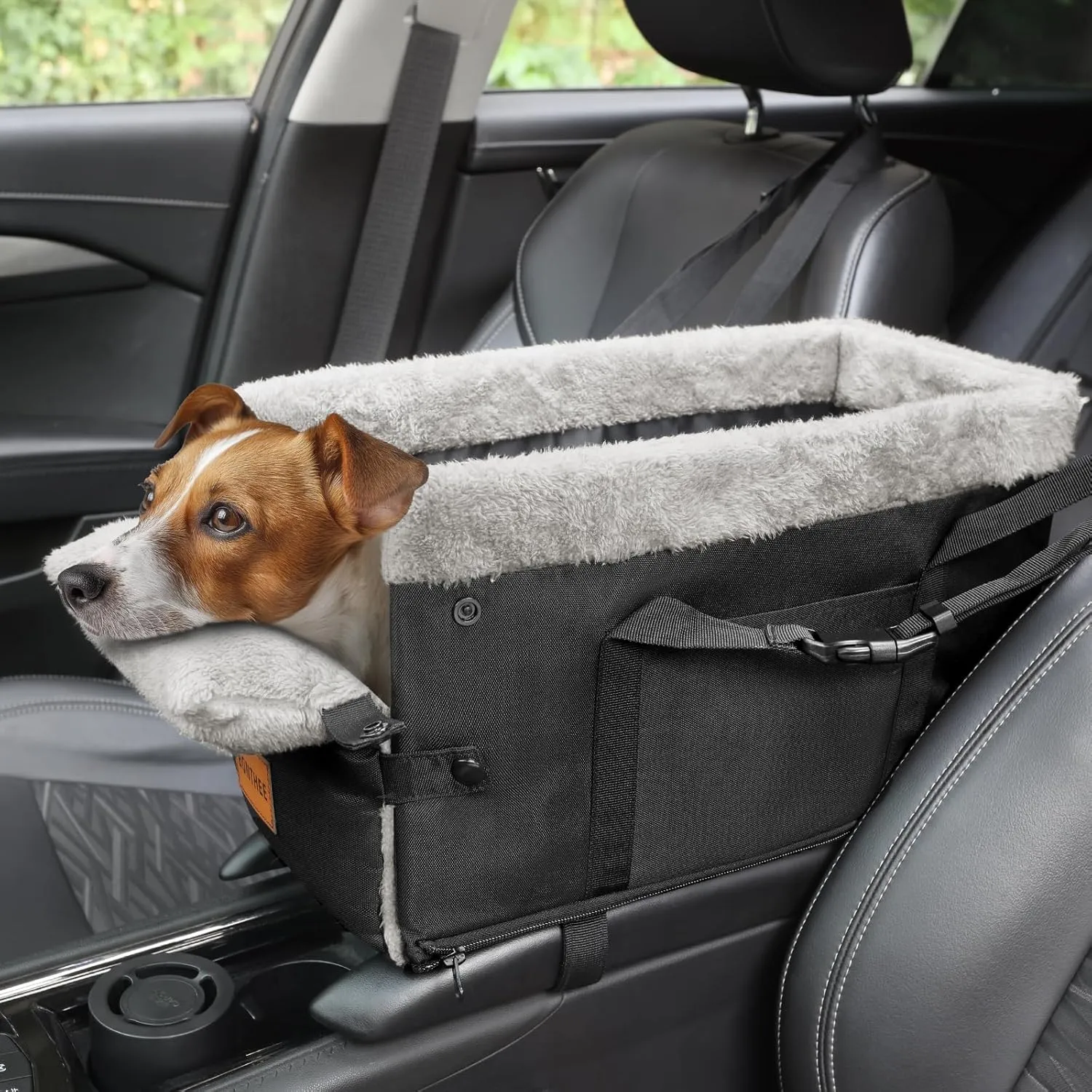 Center Console Dog Car Seat for Small Dogs,Washable Foldable Console Booster Seat for Puppy Car Seat with Safe Protection Hooks Adjustable Straps and Storage Pocket Pet Up to18lbs
