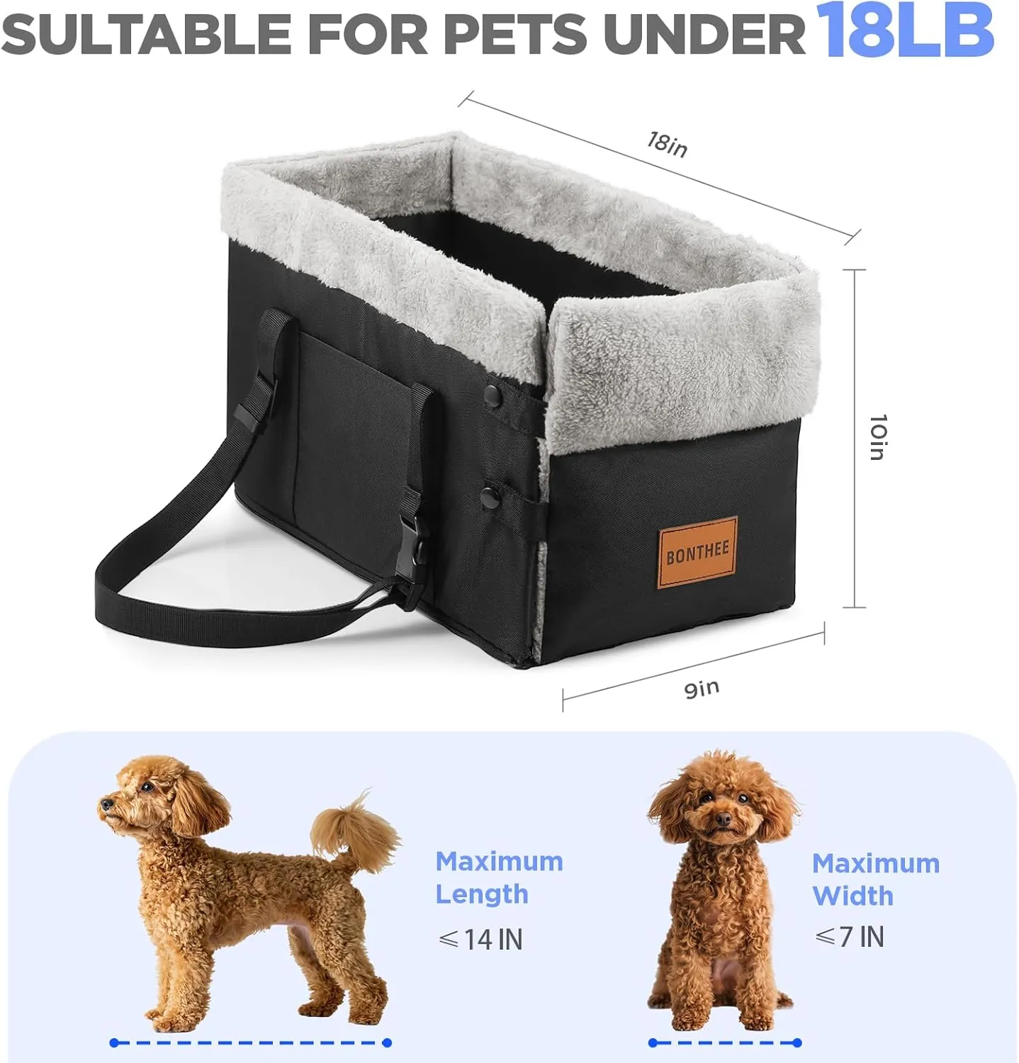 Center Console Dog Car Seat for Small Dogs,Washable Foldable Console Booster Seat for Puppy Car Seat with Safe Protection Hooks Adjustable Straps and Storage Pocket Pet Up to18lbs
