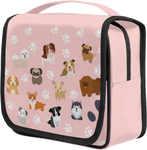 cfpolar Cute Dogs Travel Toiletry Bag with Hanging Hook, Dog Paws Pink Waterproof Toiletries Travel Bag for Women Girls, Portable Make Up Bag Organizer, Hanging Case Cosmetics Bags for Bathroom
