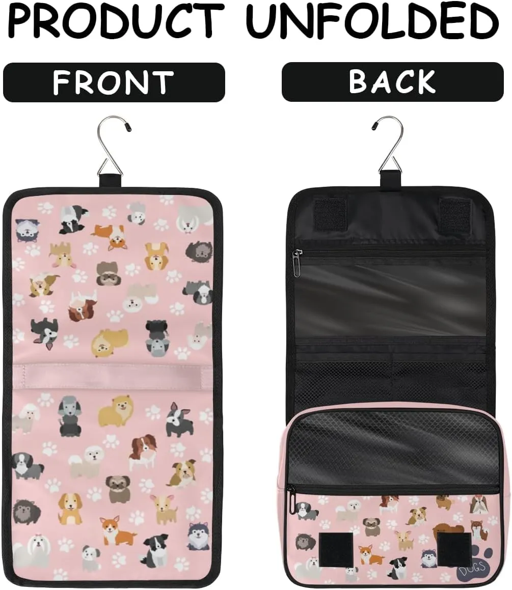 cfpolar Cute Dogs Travel Toiletry Bag with Hanging Hook, Dog Paws Pink Waterproof Toiletries Travel Bag for Women Girls, Portable Make Up Bag Organizer, Hanging Case Cosmetics Bags for Bathroom