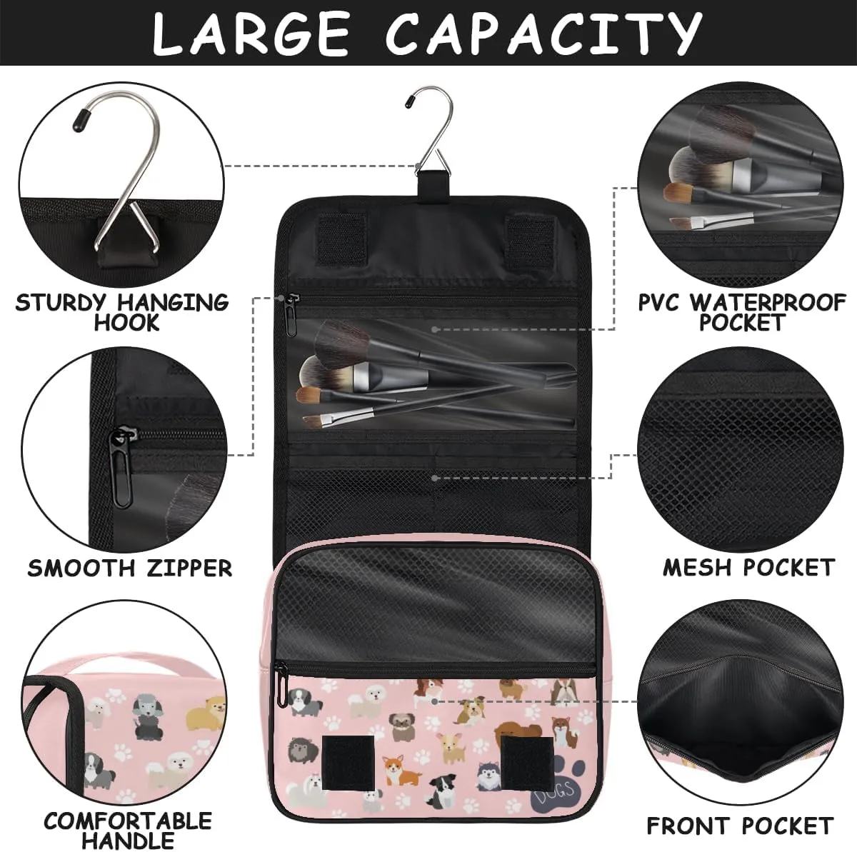 cfpolar Cute Dogs Travel Toiletry Bag with Hanging Hook, Dog Paws Pink Waterproof Toiletries Travel Bag for Women Girls, Portable Make Up Bag Organizer, Hanging Case Cosmetics Bags for Bathroom