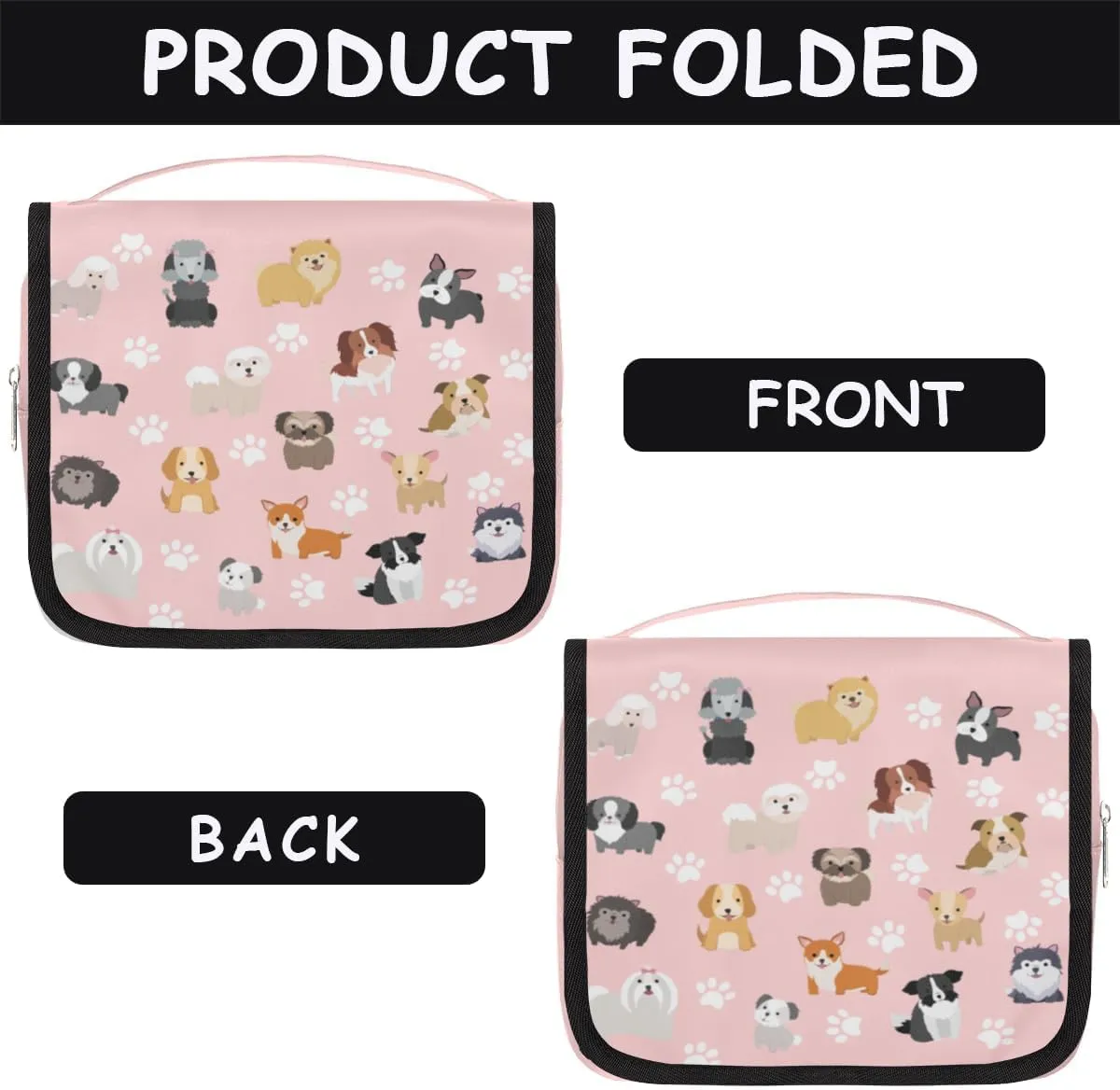 cfpolar Cute Dogs Travel Toiletry Bag with Hanging Hook, Dog Paws Pink Waterproof Toiletries Travel Bag for Women Girls, Portable Make Up Bag Organizer, Hanging Case Cosmetics Bags for Bathroom