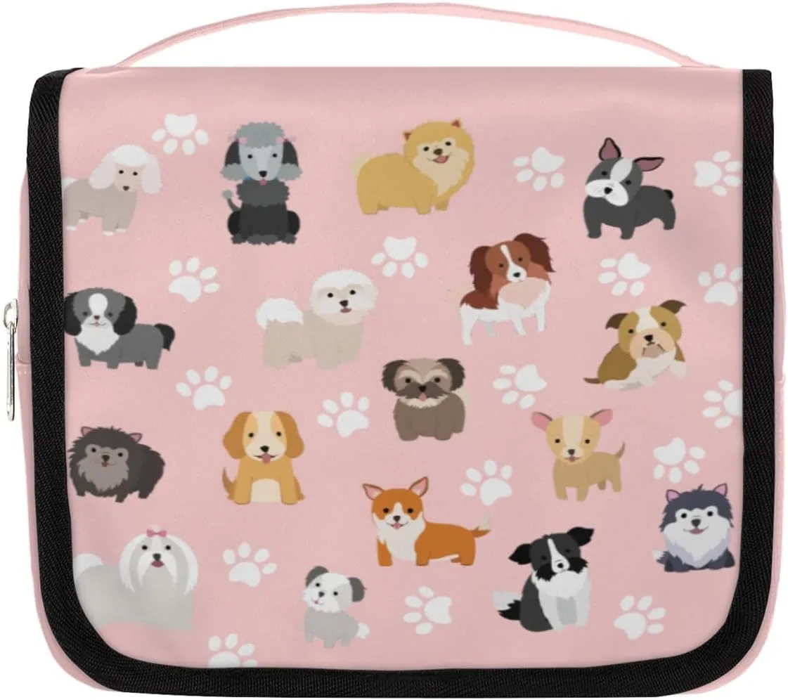 cfpolar Cute Dogs Travel Toiletry Bag with Hanging Hook, Dog Paws Pink Waterproof Toiletries Travel Bag for Women Girls, Portable Make Up Bag Organizer, Hanging Case Cosmetics Bags for Bathroom