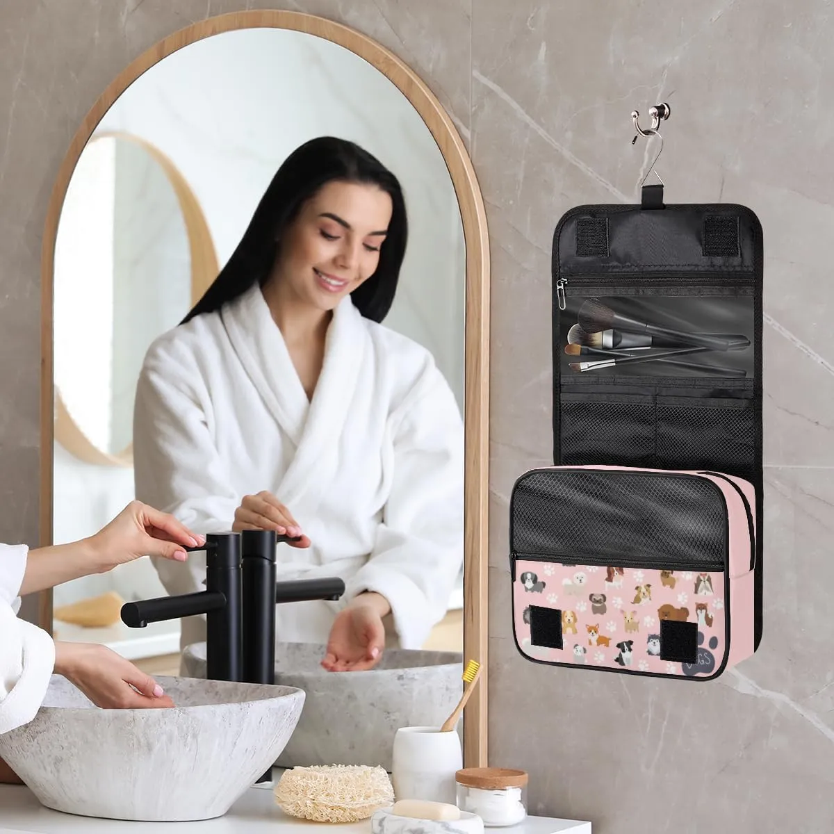 cfpolar Cute Dogs Travel Toiletry Bag with Hanging Hook, Dog Paws Pink Waterproof Toiletries Travel Bag for Women Girls, Portable Make Up Bag Organizer, Hanging Case Cosmetics Bags for Bathroom