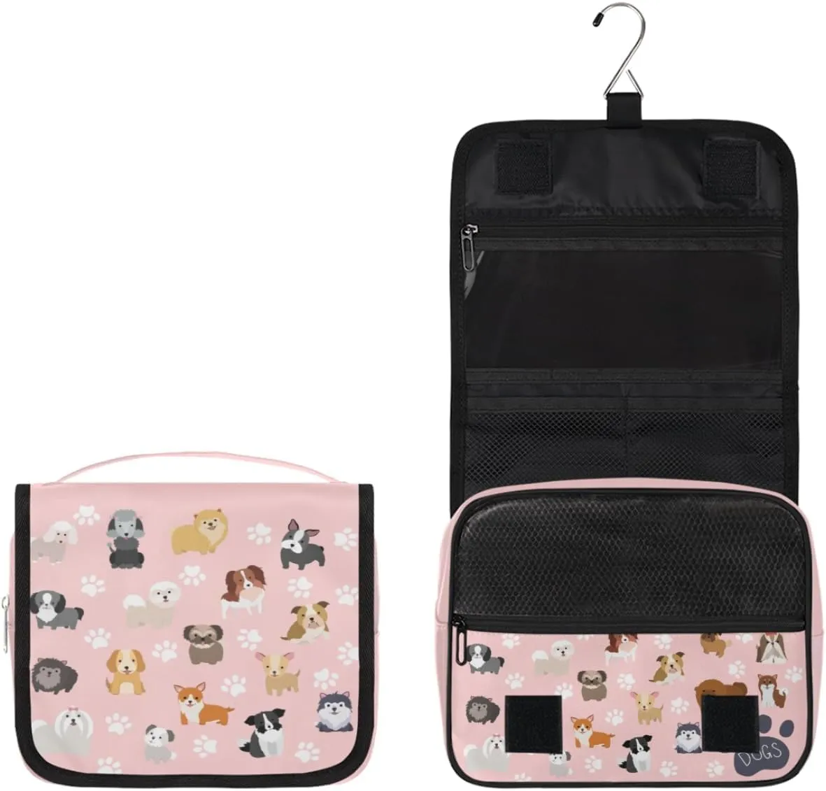 cfpolar Cute Dogs Travel Toiletry Bag with Hanging Hook, Dog Paws Pink Waterproof Toiletries Travel Bag for Women Girls, Portable Make Up Bag Organizer, Hanging Case Cosmetics Bags for Bathroom