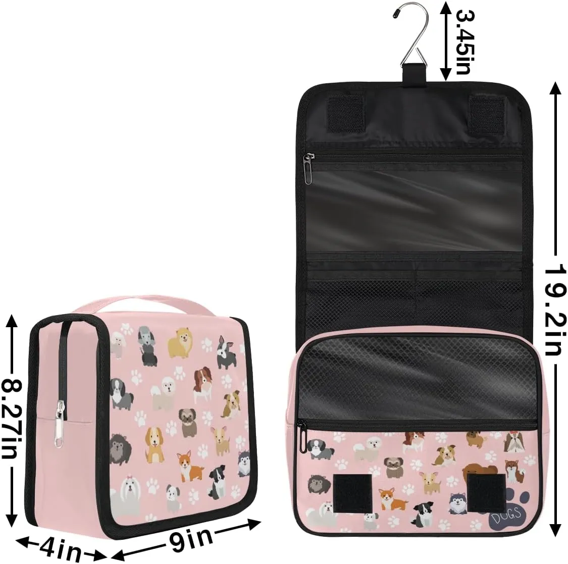 cfpolar Cute Dogs Travel Toiletry Bag with Hanging Hook, Dog Paws Pink Waterproof Toiletries Travel Bag for Women Girls, Portable Make Up Bag Organizer, Hanging Case Cosmetics Bags for Bathroom