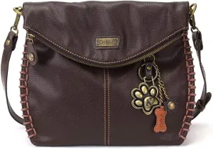 Chala Charming Crossbody Bag with Zipper Flap Top and Metal Chain - Dark Brown - Paw Print